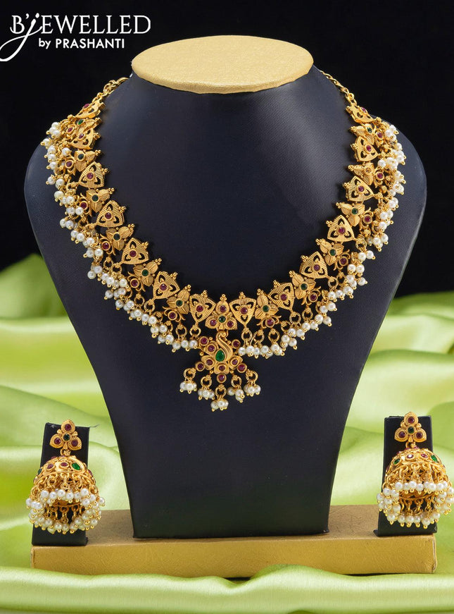 Antique guttapusalu necklace peacock design with kemp stones and pearl hangings - {{ collection.title }} by Prashanti Sarees