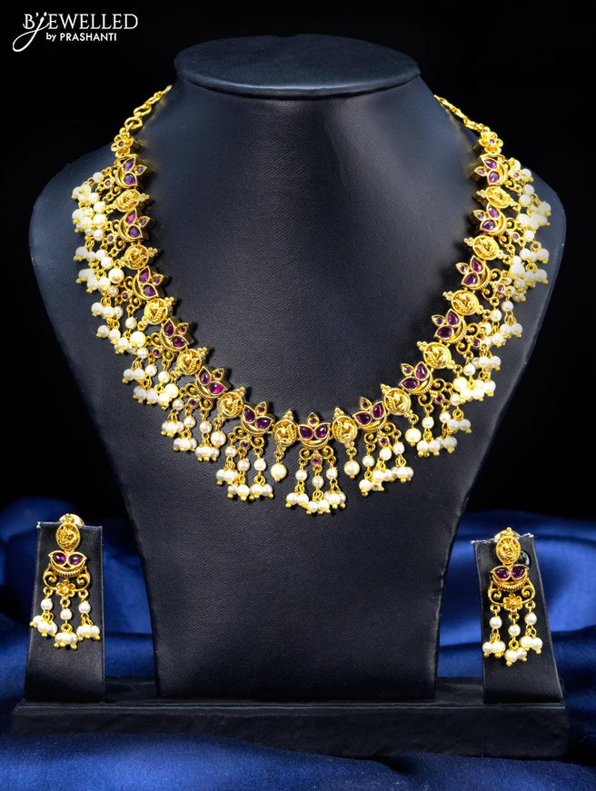 Antique guttapusalu necklace peacock design with pink kemp stone and pearl hangings - {{ collection.title }} by Prashanti Sarees