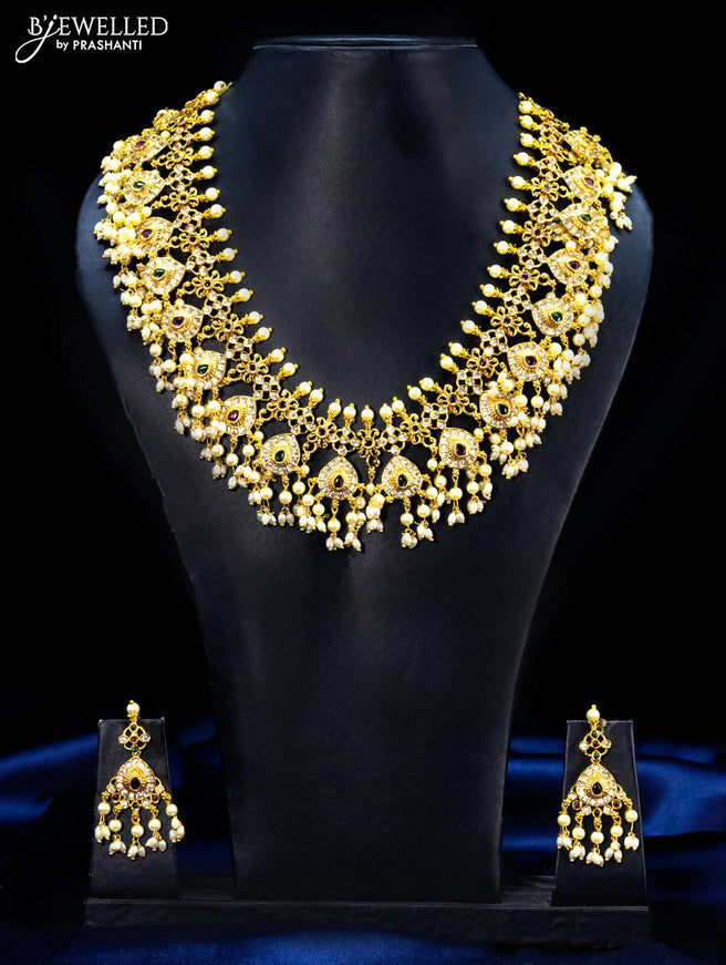 Antique guttapusalu necklace thilak design kemp and cz stones with pearl hangings - {{ collection.title }} by Prashanti Sarees