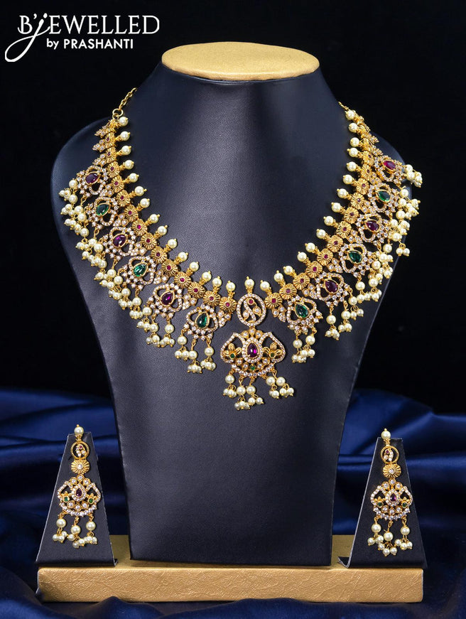 Antique guttapusalu necklace with kemp and cz stones - {{ collection.title }} by Prashanti Sarees