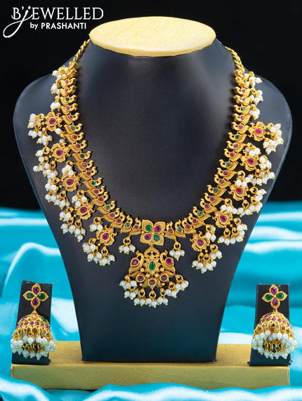 Antique guttapusalu necklace with kemp stone and pearl hanging - {{ collection.title }} by Prashanti Sarees