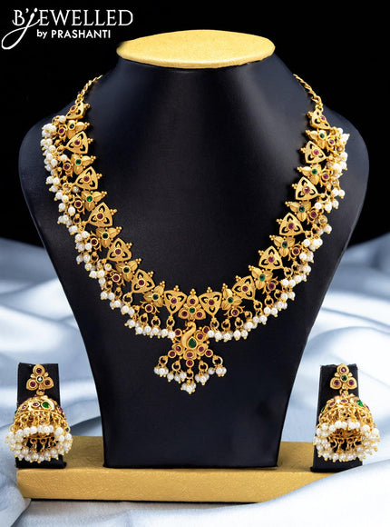 Antique guttapusalu necklace with kemp stone and pearl hangings - {{ collection.title }} by Prashanti Sarees