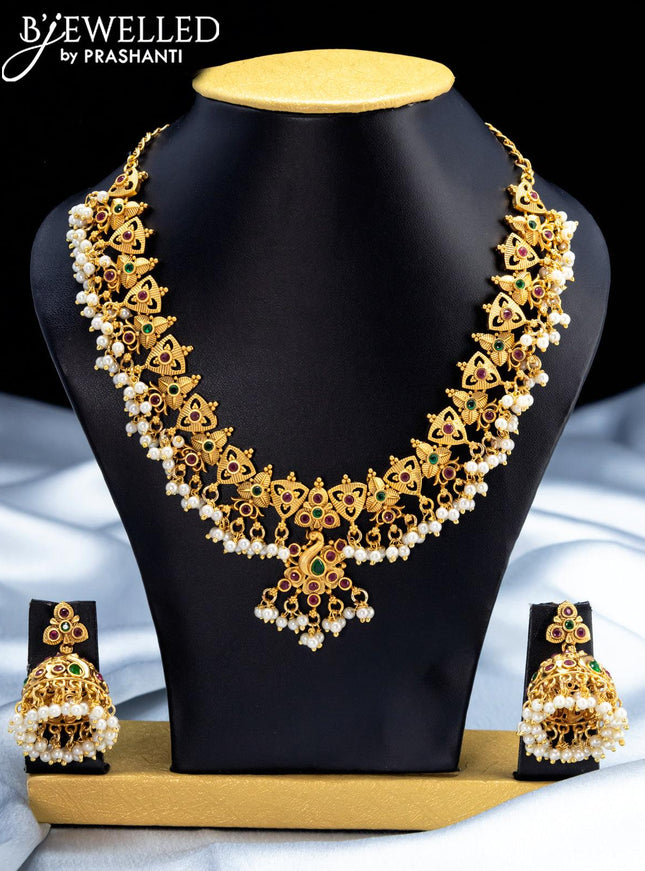 Antique guttapusalu necklace with kemp stone and pearl hangings - {{ collection.title }} by Prashanti Sarees