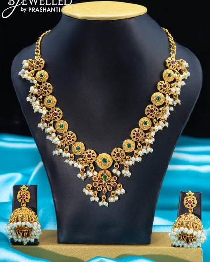 Antique guttapusalu necklace with kemp stone pendant and pearl hanging - {{ collection.title }} by Prashanti Sarees