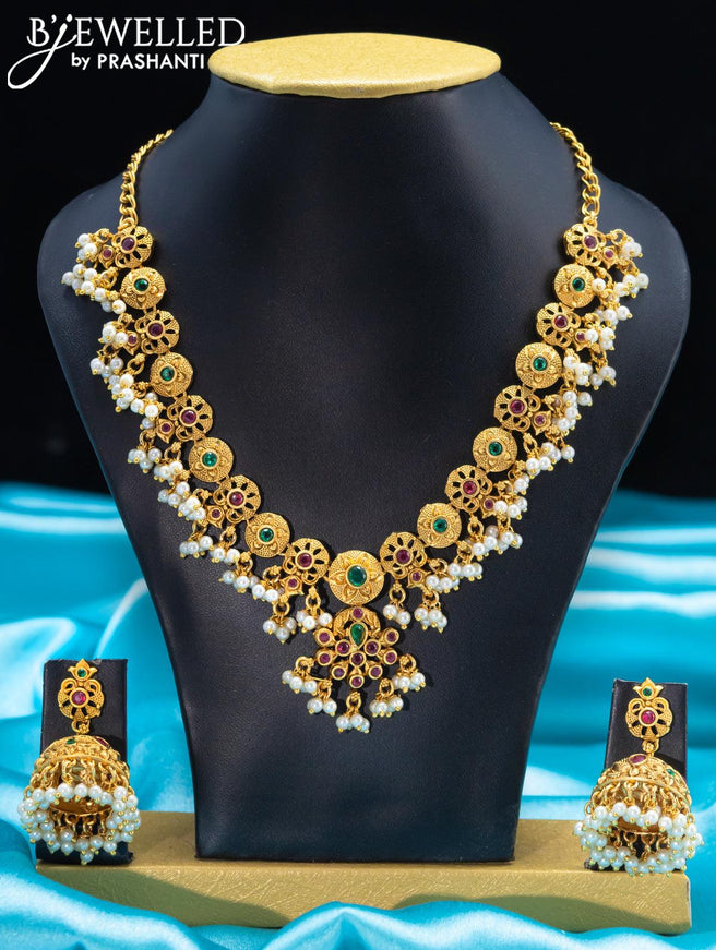 Antique guttapusalu necklace with kemp stone pendant and pearl hanging - {{ collection.title }} by Prashanti Sarees