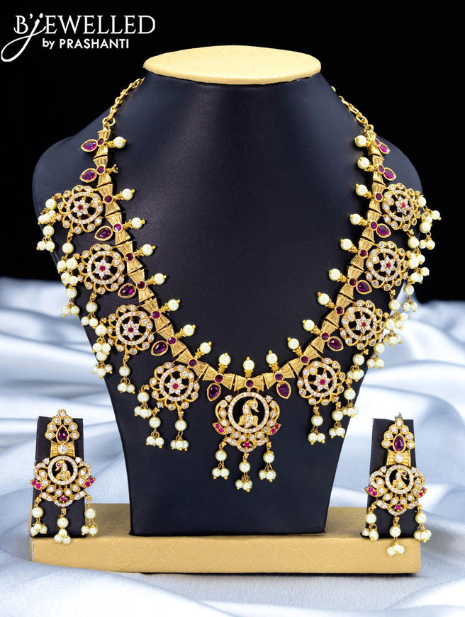 Antique guttapusalu necklace with pink kemp stone and pearl hangings - {{ collection.title }} by Prashanti Sarees