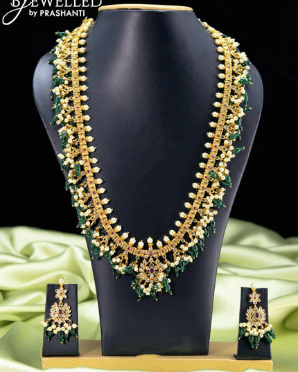 Antique haaram kemp and cz stone with green beads hanging - {{ collection.title }} by Prashanti Sarees