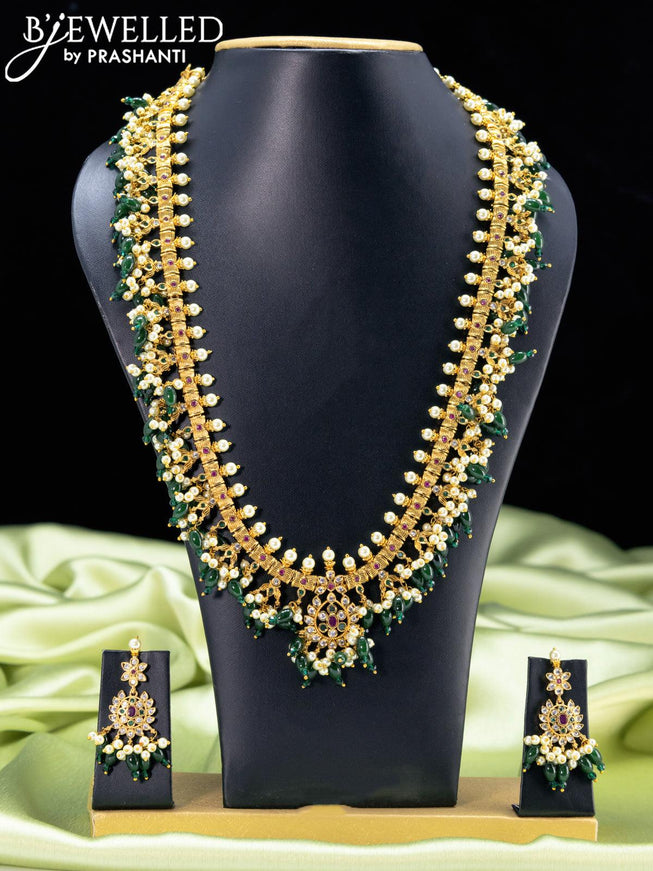 Antique haaram kemp and cz stone with green beads hanging - {{ collection.title }} by Prashanti Sarees