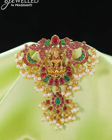 Antique jada billai lakshmi design with kemp stone and pearl hangings - {{ collection.title }} by Prashanti Sarees