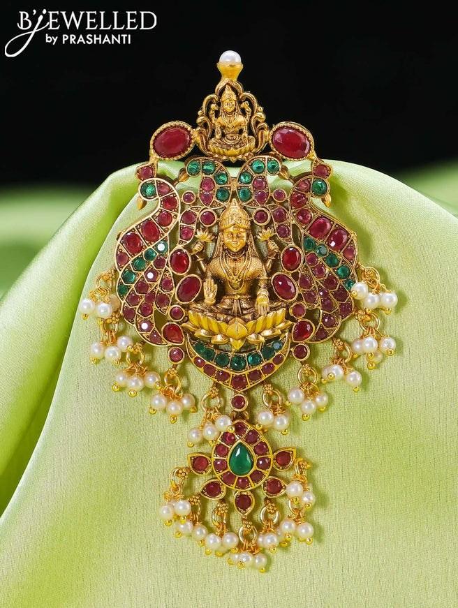 Antique jada billai lakshmi design with kemp stone and pearl hangings - {{ collection.title }} by Prashanti Sarees