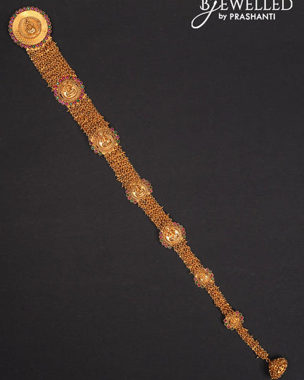 Antique jada billai lakshmi design with kemp stones and golden beads hanging - {{ collection.title }} by Prashanti Sarees