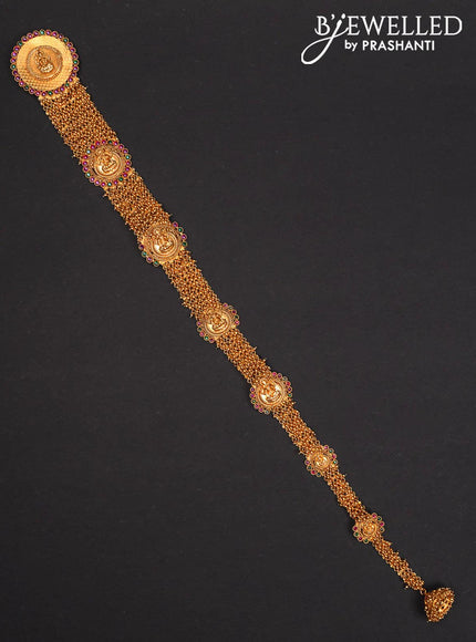 Antique jada billai lakshmi design with kemp stones and golden beads hanging - {{ collection.title }} by Prashanti Sarees