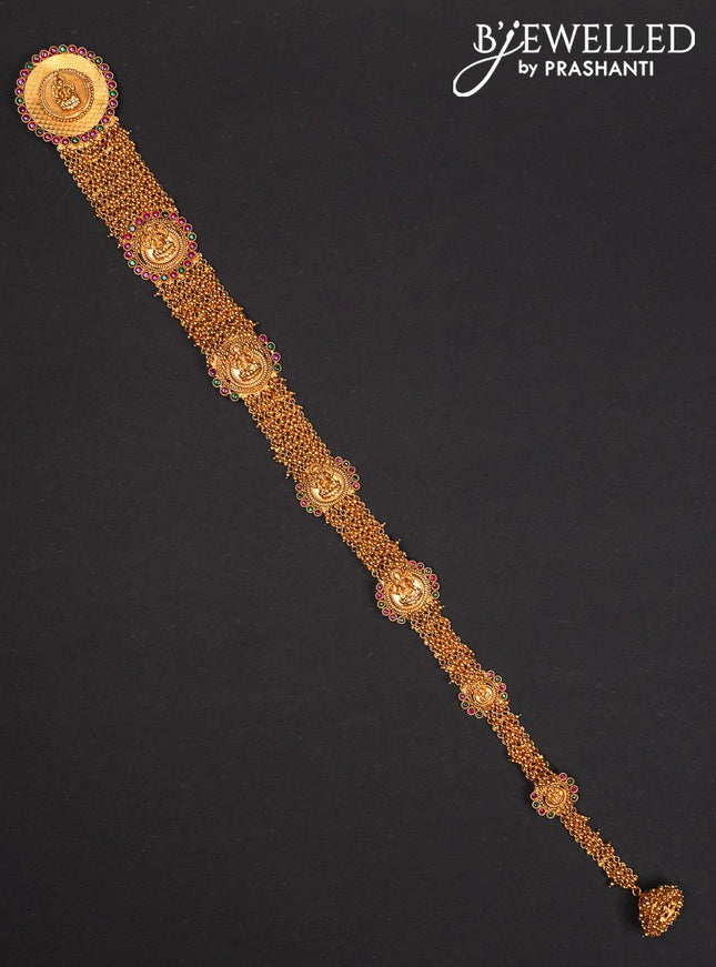 Antique jada billai lakshmi design with kemp stones and golden beads hanging - {{ collection.title }} by Prashanti Sarees