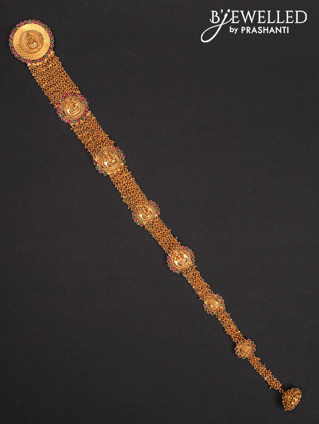 Antique jada billai lakshmi design with kemp stones and golden beads hanging - {{ collection.title }} by Prashanti Sarees