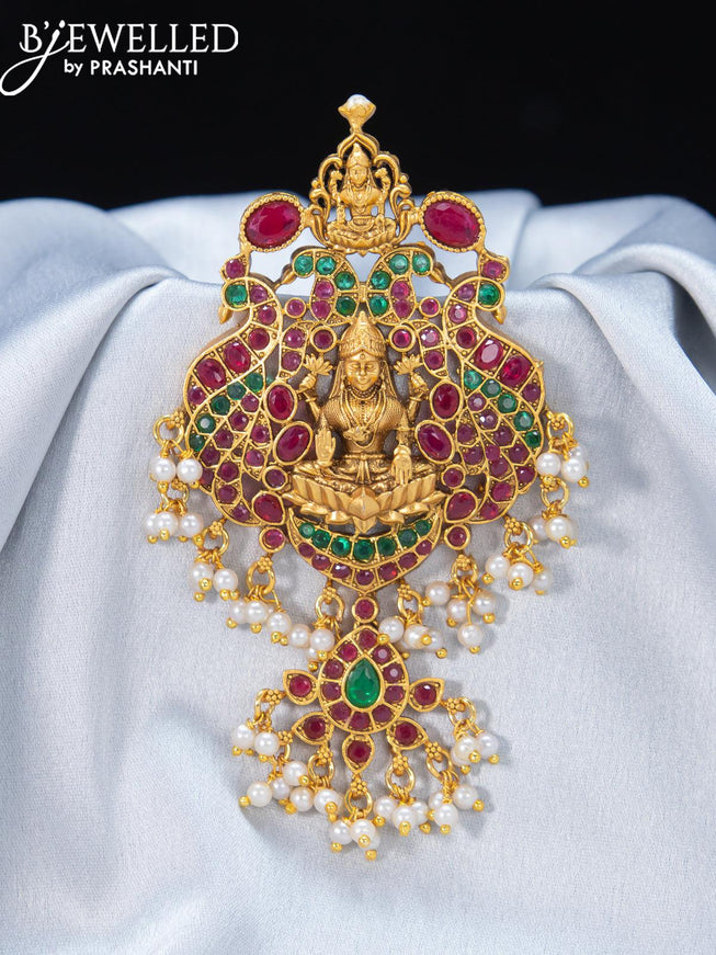 Antique jada billai lakshmi design with kemp stones and pearl hangings - {{ collection.title }} by Prashanti Sarees