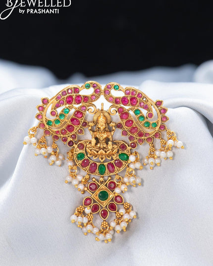 Antique jada billai lakshmi design with kemp stones and pearl hangings - {{ collection.title }} by Prashanti Sarees