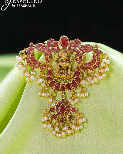 Antique jada billai lakshmi design with pink kemp stone and pearl hangings - {{ collection.title }} by Prashanti Sarees