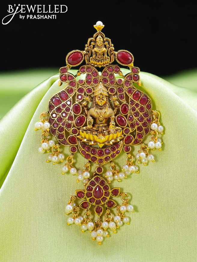 Antique jada billai lakshmi design with pink kemp stone and pearl hangings - {{ collection.title }} by Prashanti Sarees