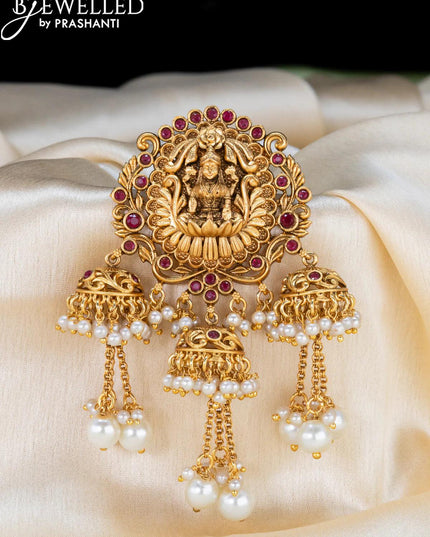 Antique jada billai lakshmi design with pink kemp stones and pearl hangings - {{ collection.title }} by Prashanti Sarees
