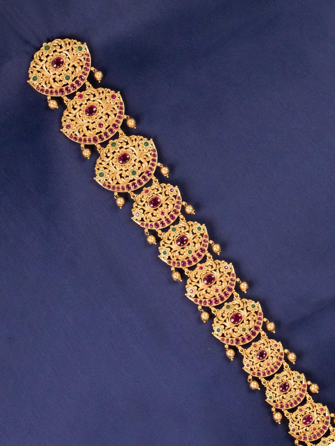 Antique jada billai with kemp stones and golden beads hanging - {{ collection.title }} by Prashanti Sarees
