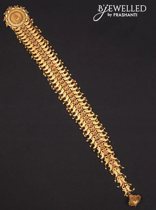 Antique jada billai with kemp stones and golden beads hanging - {{ collection.title }} by Prashanti Sarees