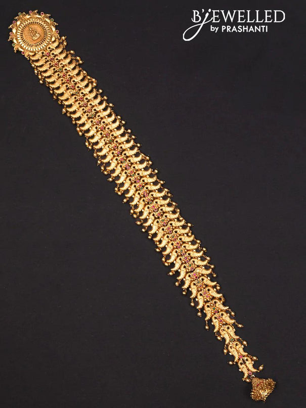Antique jada billai with kemp stones and golden beads hanging - {{ collection.title }} by Prashanti Sarees