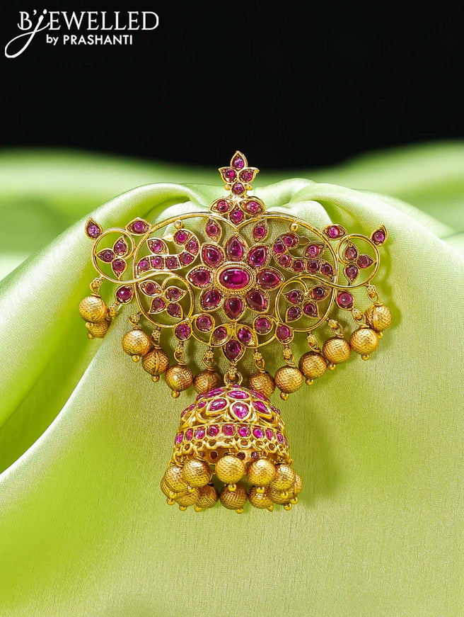 Antique jada billai with pink kemp stone and golden beads hanging - {{ collection.title }} by Prashanti Sarees