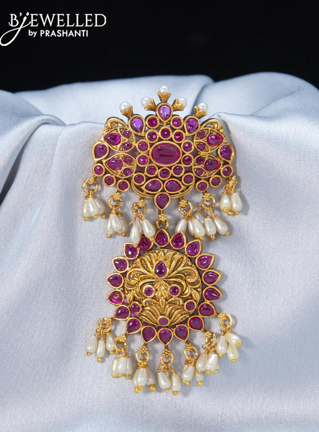 Antique jada billai with pink kemp stones and pearl hangings - {{ collection.title }} by Prashanti Sarees