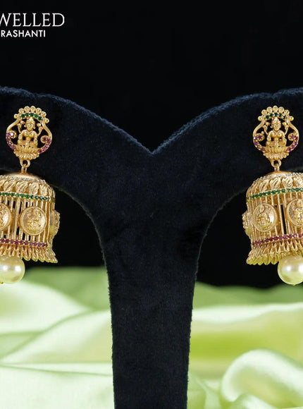 Antique jhumka lakshmi design with kemp stone and pearl hangings - {{ collection.title }} by Prashanti Sarees