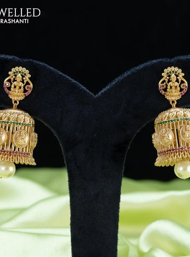 Antique jhumka lakshmi design with kemp stone and pearl hangings - {{ collection.title }} by Prashanti Sarees