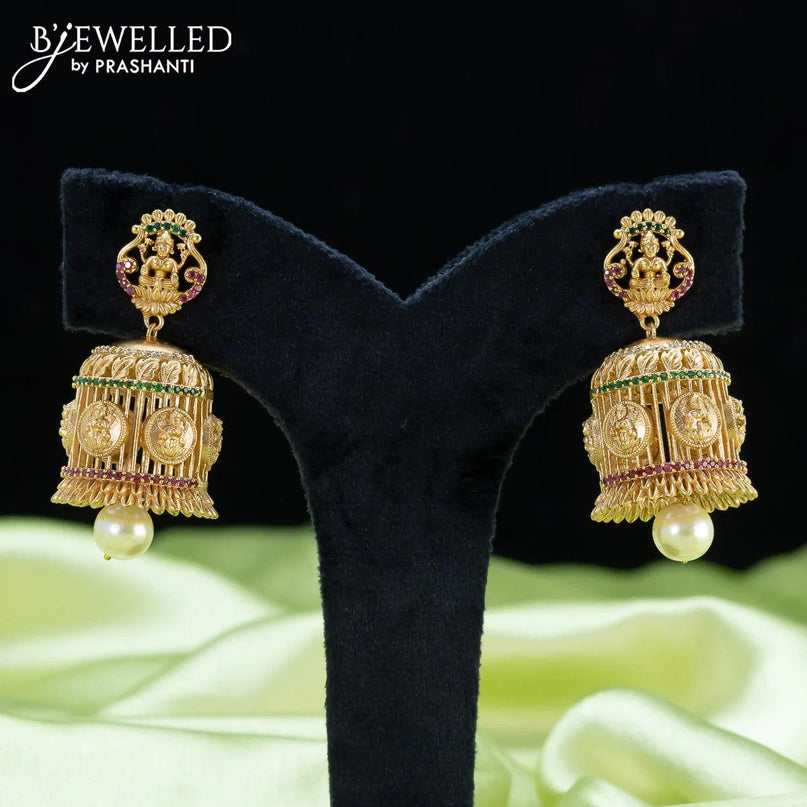 Antique jhumka lakshmi design with kemp stone and pearl hangings - {{ collection.title }} by Prashanti Sarees