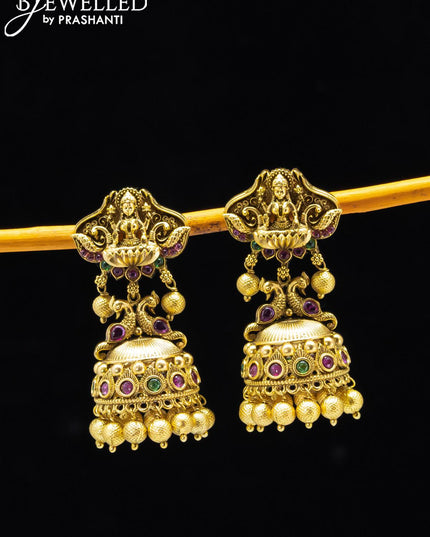 Antique jhumkas lakshmi design with kemp stone and golden beads hanging - {{ collection.title }} by Prashanti Sarees