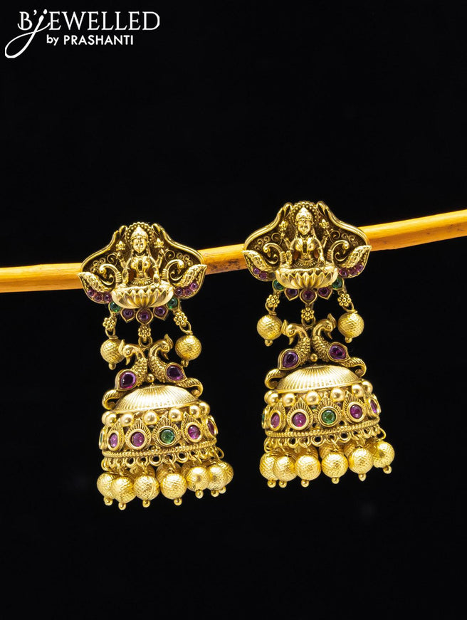 Antique jhumkas lakshmi design with kemp stone and golden beads hanging - {{ collection.title }} by Prashanti Sarees