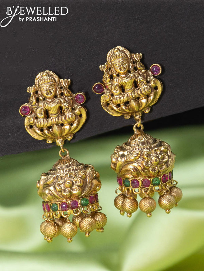 Antique jhumkas lakshmi design with kemp stone and golden beads hangings - {{ collection.title }} by Prashanti Sarees