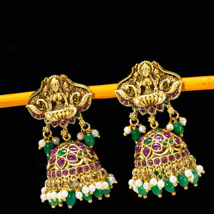 Antique jhumkas lakshmi design with kemp stone and green beads hanging - {{ collection.title }} by Prashanti Sarees