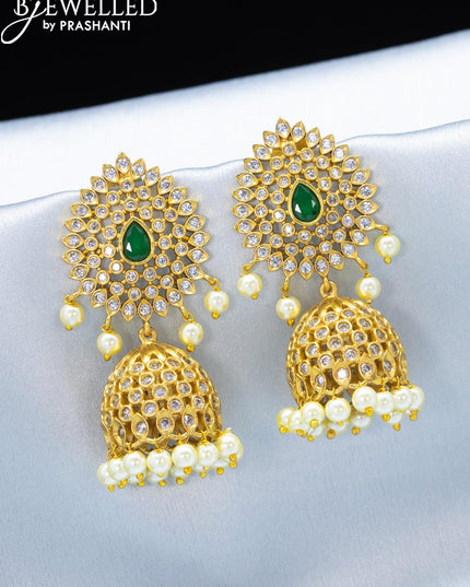 Antique jhumkas with green kemp and cz stone - {{ collection.title }} by Prashanti Sarees