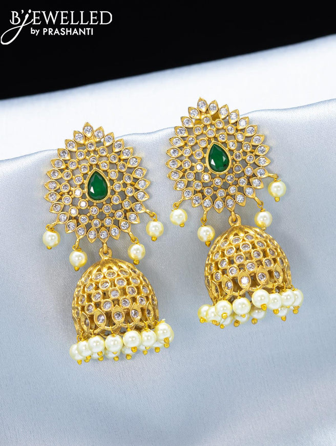 Antique jhumkas with green kemp and cz stone - {{ collection.title }} by Prashanti Sarees