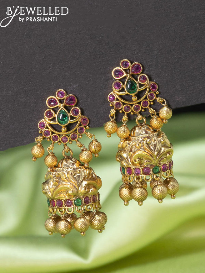 Antique jhumkas with kemp stone and golden beads hangings - {{ collection.title }} by Prashanti Sarees