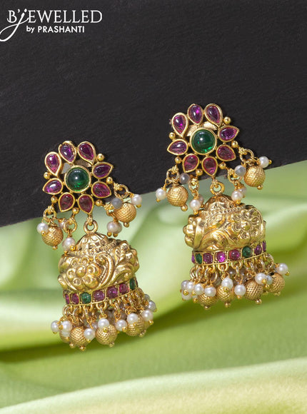 Antique jhumkas with kemp stone and golden beads hangings - {{ collection.title }} by Prashanti Sarees