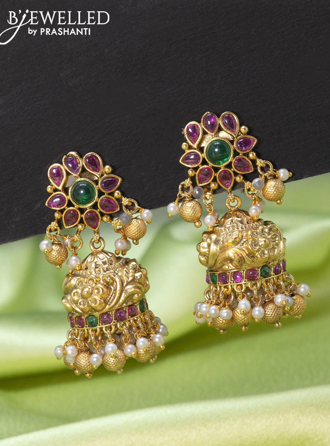 Antique jhumkas with kemp stone and golden beads hangings - {{ collection.title }} by Prashanti Sarees