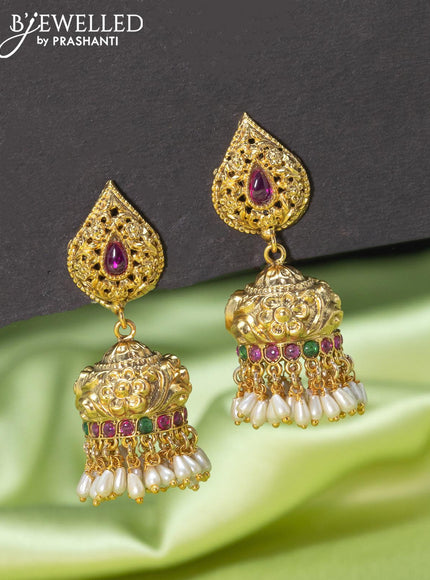 Antique jhumkas with kemp stone and pearl hangings - {{ collection.title }} by Prashanti Sarees