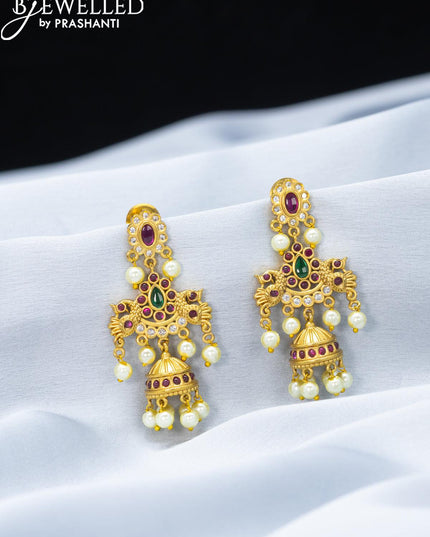 Antique jhumkas with kemp stone and pearl hangings - {{ collection.title }} by Prashanti Sarees