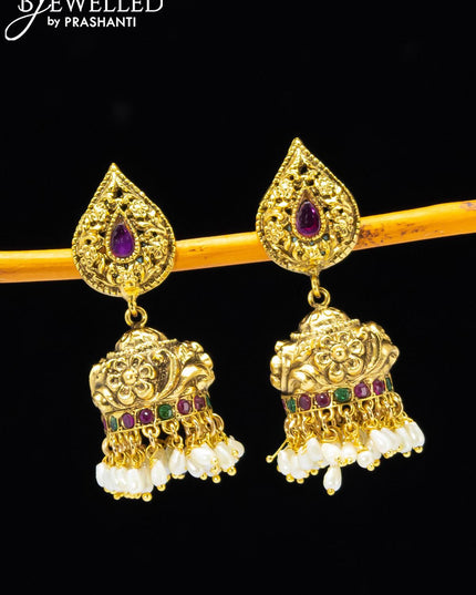 Antique jhumkas with kemp stone and pearl hangings - {{ collection.title }} by Prashanti Sarees
