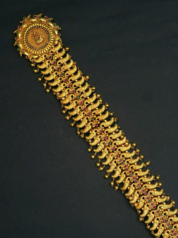 Antique lakshmi and peacock design jada billai with kemp stone - {{ collection.title }} by Prashanti Sarees
