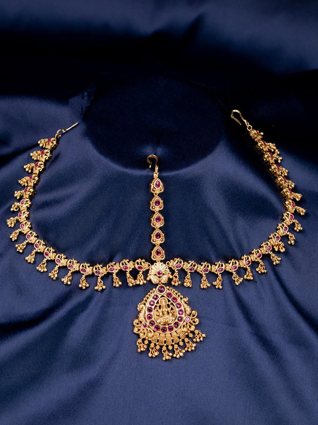 Antique lakshmi design maang tikka with pink kemp stone and golden beads hanging - {{ collection.title }} by Prashanti Sarees