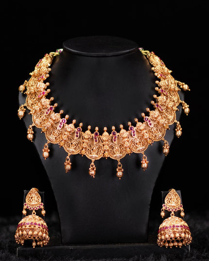 Antique lakshmi neckalce with pink kemp stone and golden beads hanging - {{ collection.title }} by Prashanti Sarees