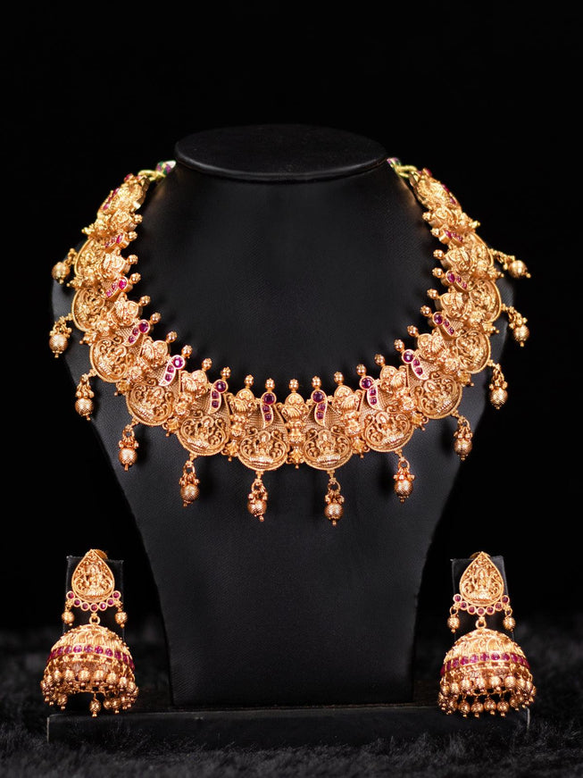 Antique lakshmi neckalce with pink kemp stone and golden beads hanging - {{ collection.title }} by Prashanti Sarees
