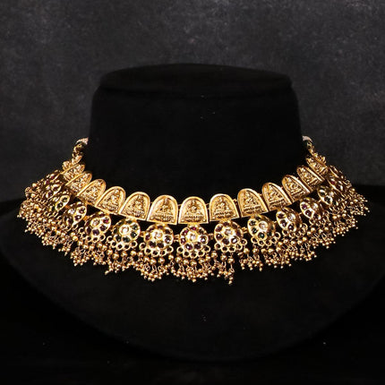 Antique lakshmi necklace with kemp stone and gold beads hanging - {{ collection.title }} by Prashanti Sarees