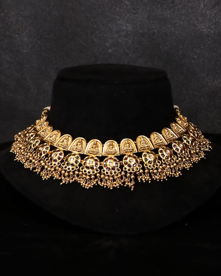 Antique lakshmi necklace with kemp stone and gold beads hanging - {{ collection.title }} by Prashanti Sarees