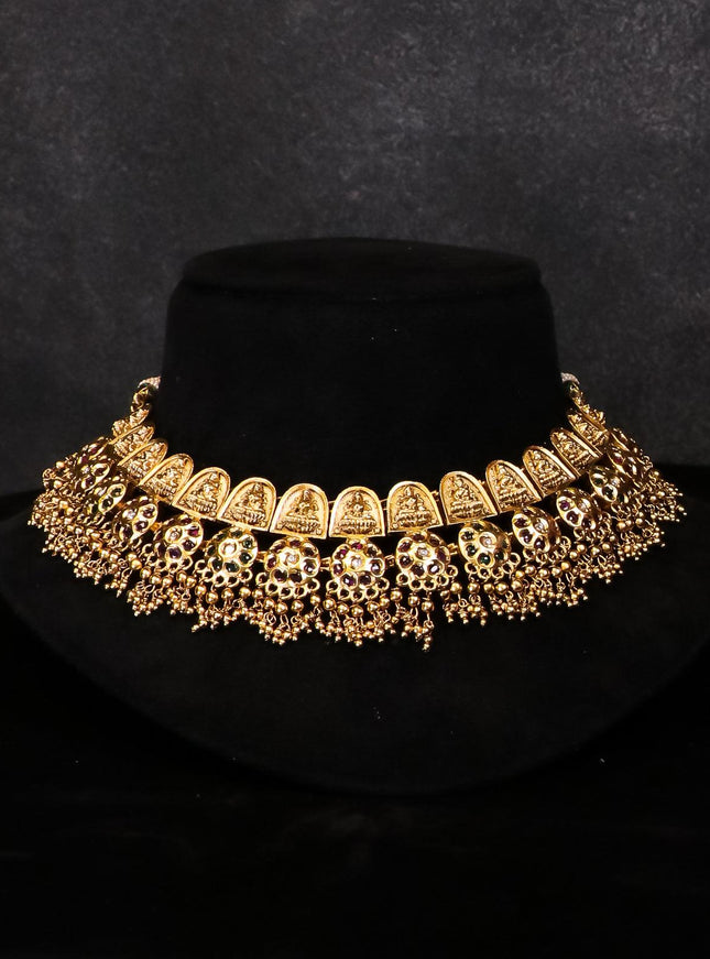 Antique lakshmi necklace with kemp stone and gold beads hanging - {{ collection.title }} by Prashanti Sarees